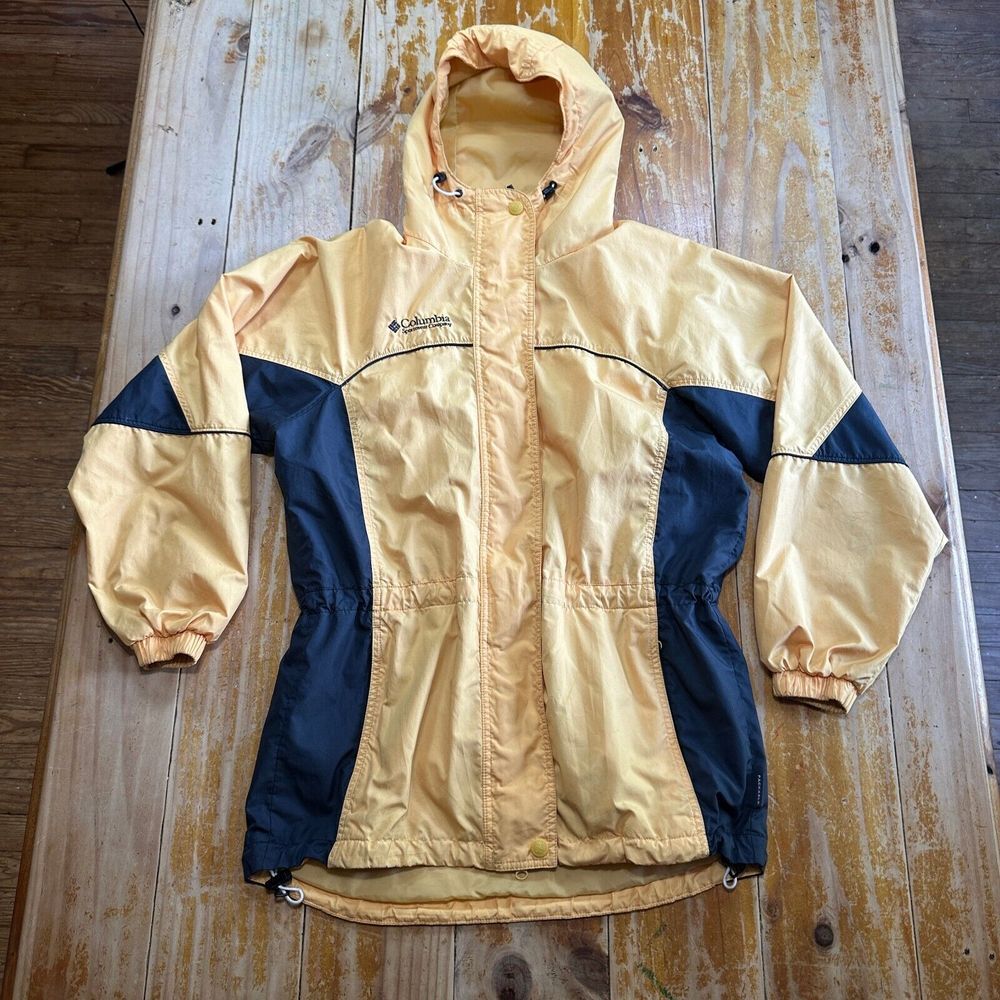 VTG Columbia Jacket Womens XL Yellow Lined Packable Hooded Full Zip Gorpcore Y2K